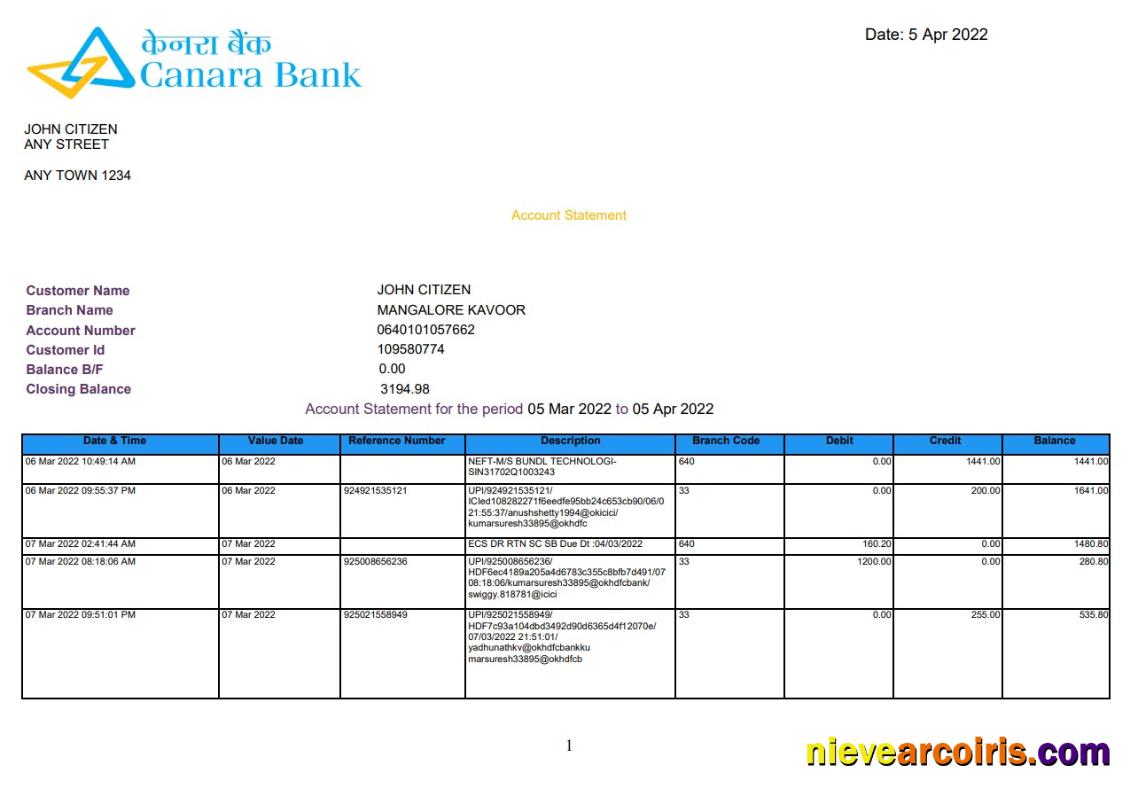 India Canara bank statement 5 pages